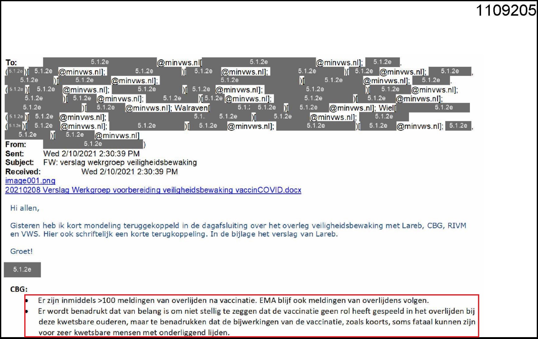 Op 10-02-202110 zegt het CBG dat er 100 meldingen van overlijden zijn. Dit komt uit het wob document van feb 2021 1 uit 10 zie daarin nr 1109205