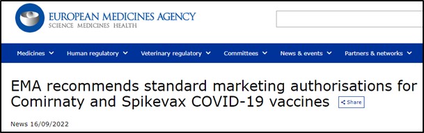 afbeelding kop van het EMA nieuws 16-09-2022 dat Comirnaty (Pfizer) en Spikevax (Moderna) een standaard markt autorisatie krijgen