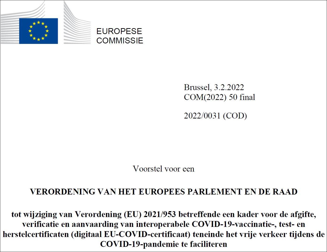 Voorblad verordening EU-2021/953 Digitaal EU COVID certificaat